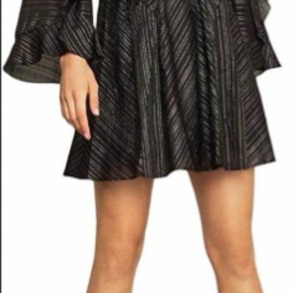 BCBGMAXAZRIA Dress Medium Metallic Black Ruffle Bell Sleeve Fit & Flare - Picture 6 of 6